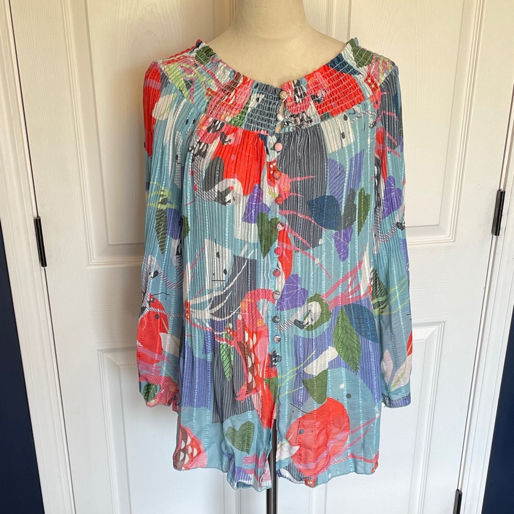 Alberto Makali Blue Floral Button-Front Pleated Sheer Peasant‎ Blouse Size M